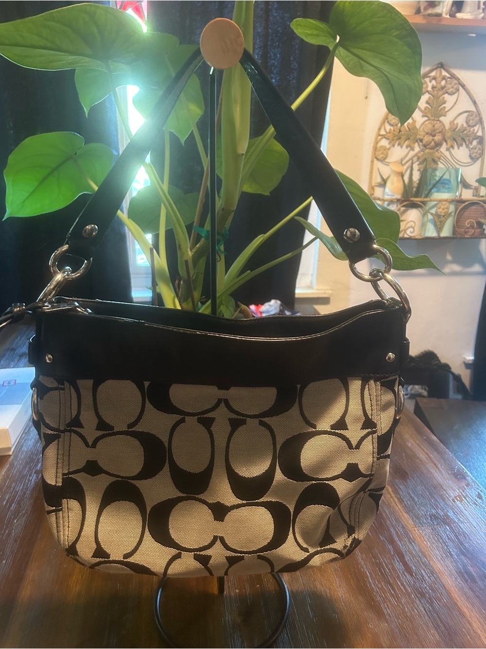 Coach Black & Cream Signature Canvas Shoulder Bag